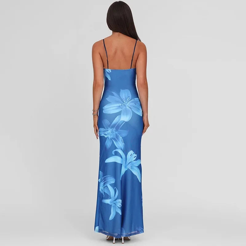 Vestido Longo, Justo ao Corpo, Elegante, Estampa Floral, Sem Mangas, Decote em V, Sem Costas