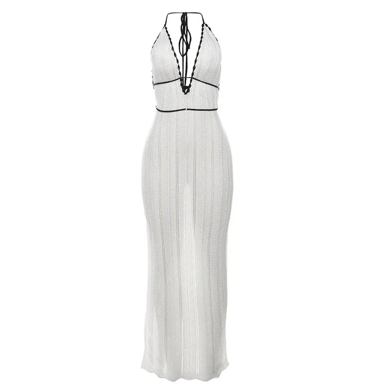 Vestido Longo, Estilo Praia Sexy, com Decote em V, Sem Mangas, Justo ao Corpo