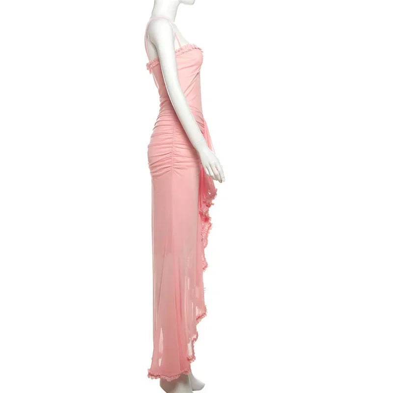 Vestido Longo Elegante, com alças Finas, Barra de Renda, Decote em V