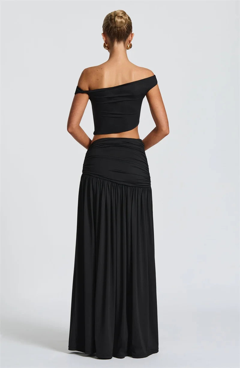 Conjunto Elegante, Top Curto de Gola Assimétrica, Sem Costas e Saia com Abertura,