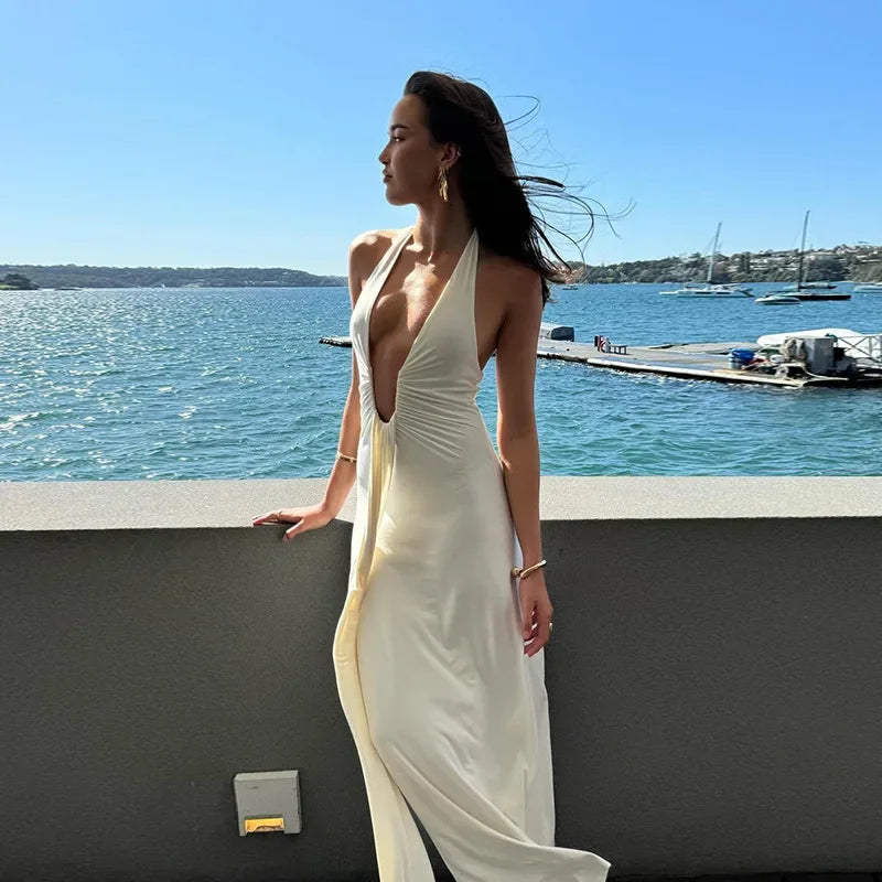Vestido Longo Elegante e Sexy, Decote Profundo em V