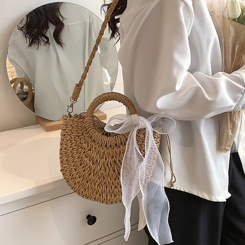 Bolsas de Palha Femininos Verão Feito à Mão Bolsa de Vime