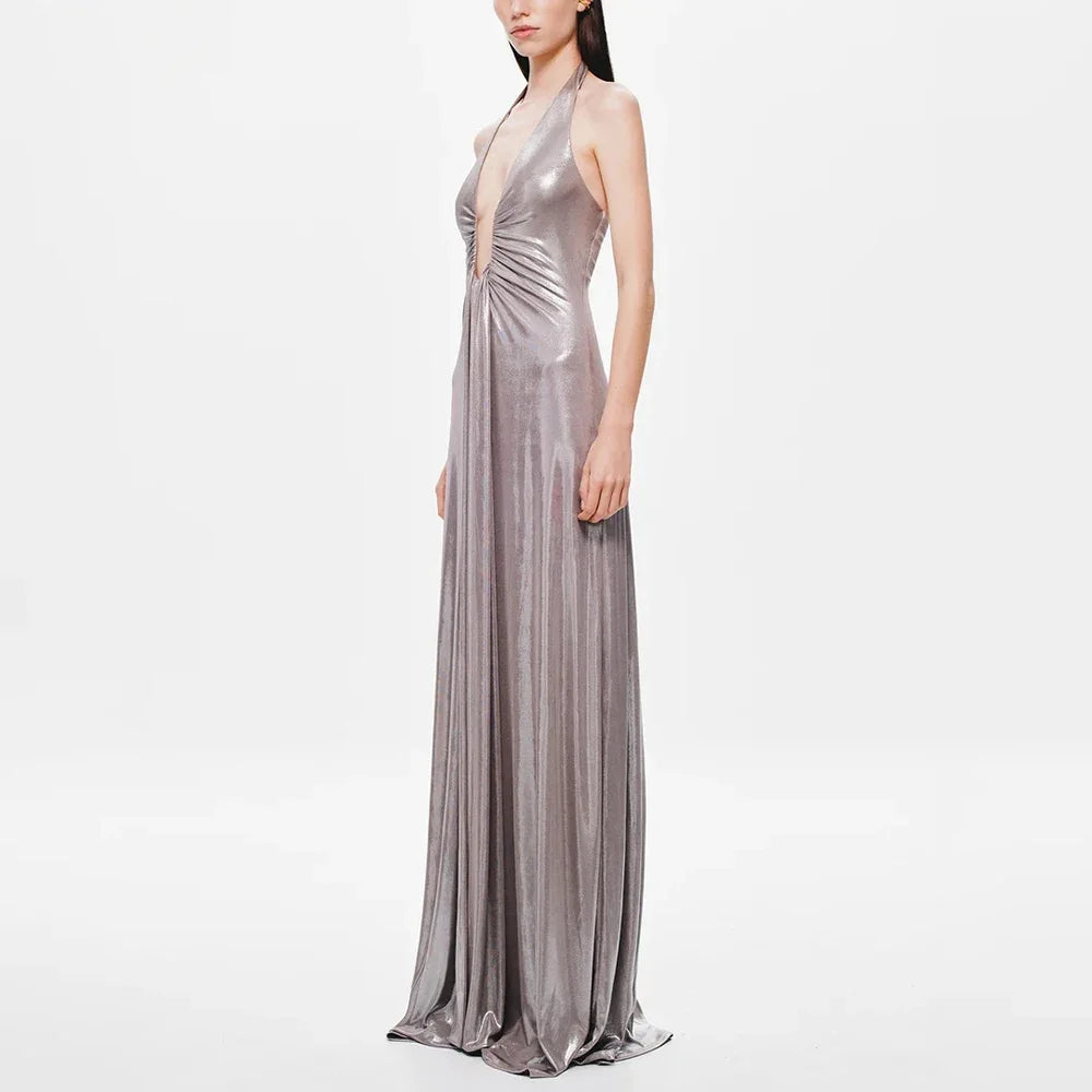 Vestido Longo Elegante e Sexy, Decote Profundo em V