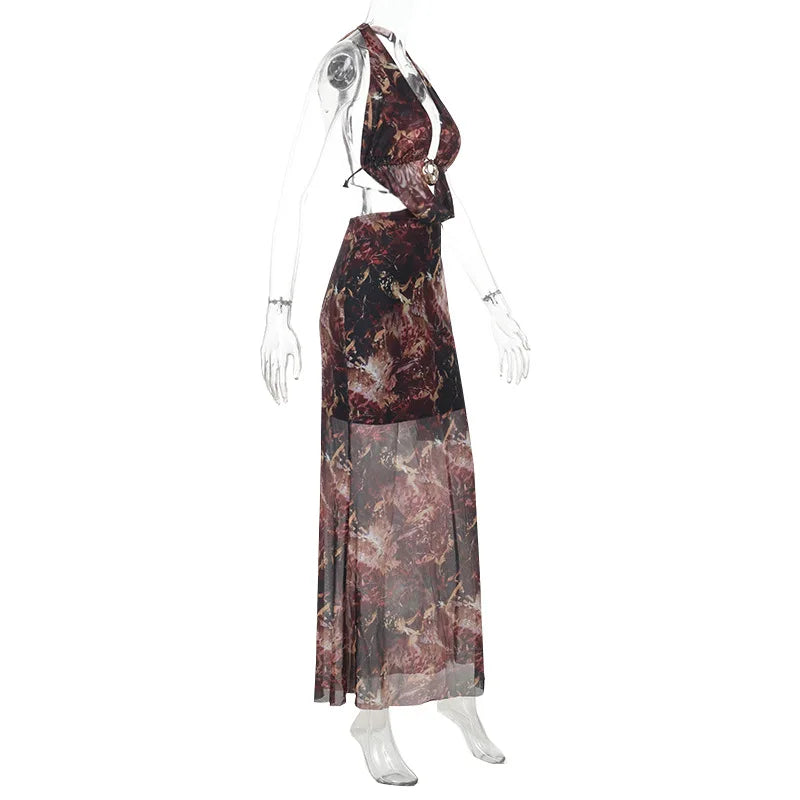 Vestido Estampado, Sexy, com Decote Profundo em V, Alças ao Pescoço