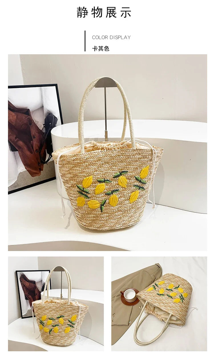 Bolsa de ombro de palha cor sólida com bordado de frutas