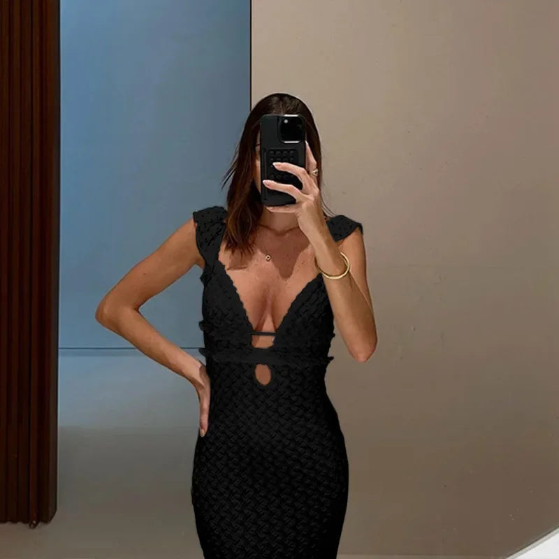 Vestido Longo Sexy , Decote Profundo em V, Sem Mangas, Transparente, Cintura Alta