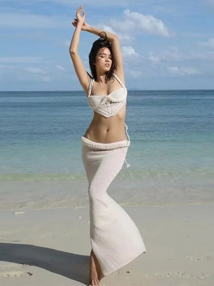 Conjunto de Praia, Top de Biquíni e Saia de Croché, Sexy, Sem Costas, Saia Longa
