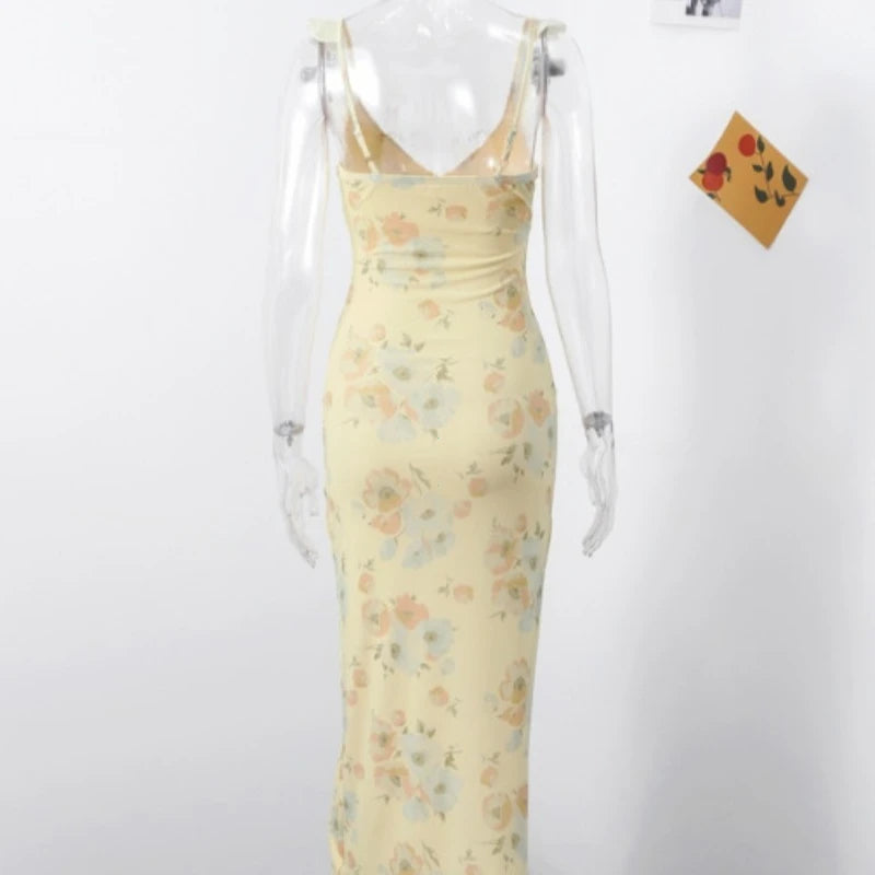 Vestido com Estampa Floral, Elegante, Decote Profundo em V, Sem Mangas, Sem Costas, Justo