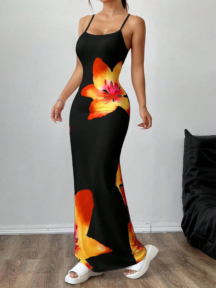Vestidos compridos sexy com alças e justo Floral