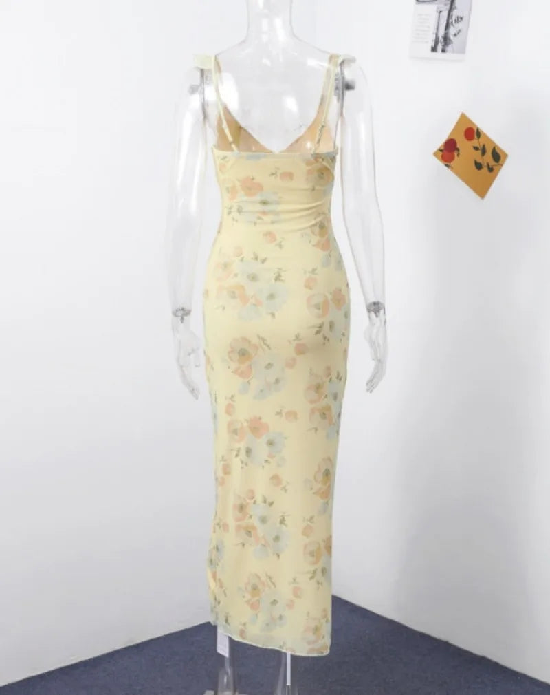 Vestido com Estampa Floral, Elegante, Decote Profundo em V, Sem Mangas, Sem Costas, Justo