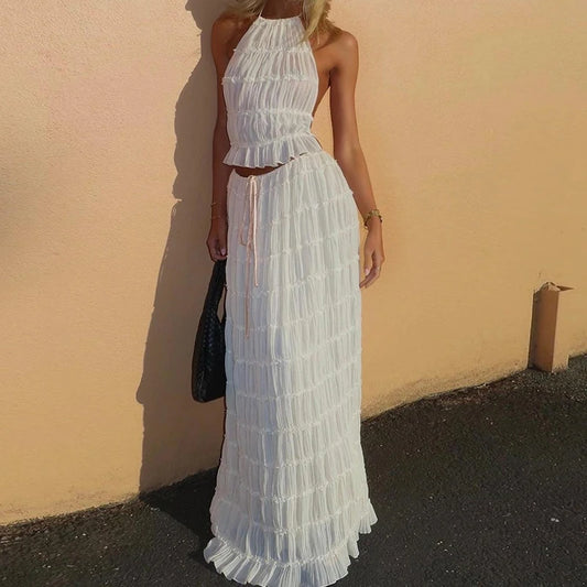 Conjunto 2 Peças, Sem Costas, Estilo Vintage, Top com Franzidos + Saia Longa Maxi