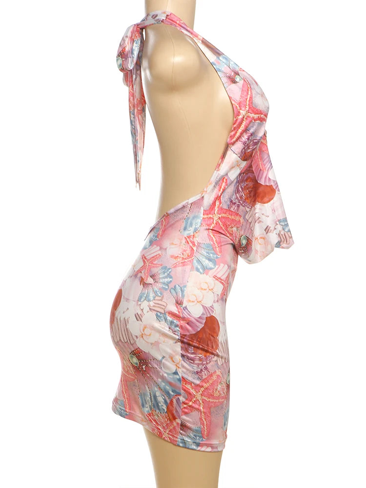 Vestido Justo ao Corpo, com Conchas Metálicas, Estampa Colorida, Sem Costas, Sem Mangas, Estilo Sexy