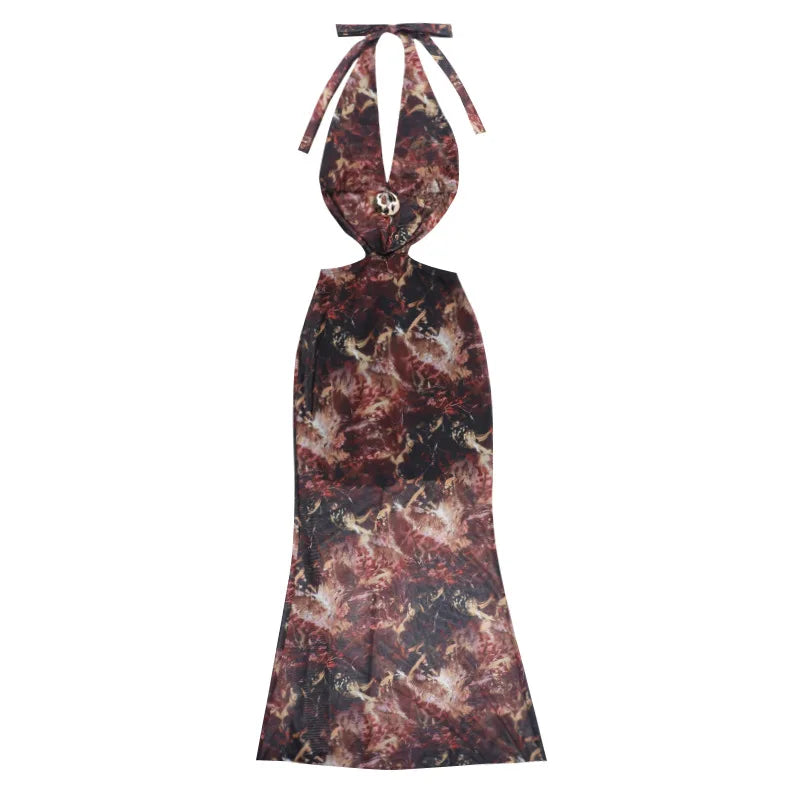 Vestido Estampado, Sexy, com Decote Profundo em V, Alças ao Pescoço