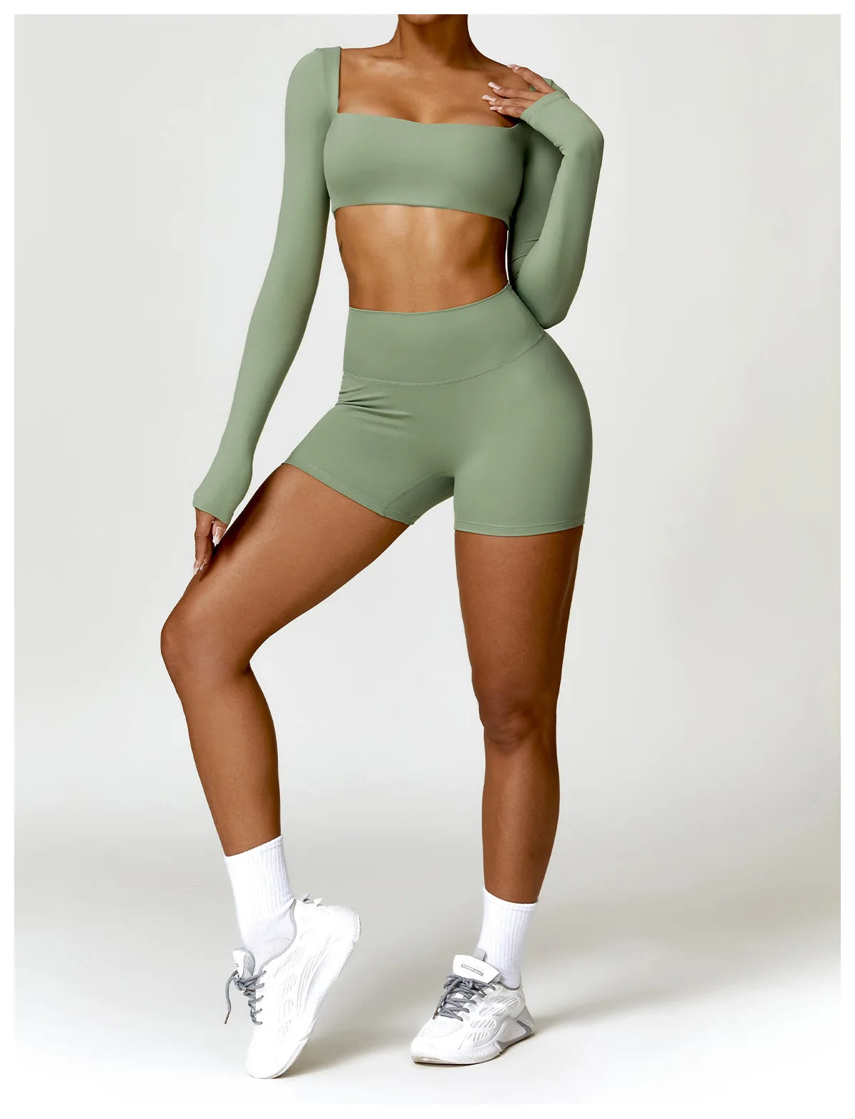 Fato de Treino 2 Peças com Leggings de Ginásio, Top Curto de Manga Comprida