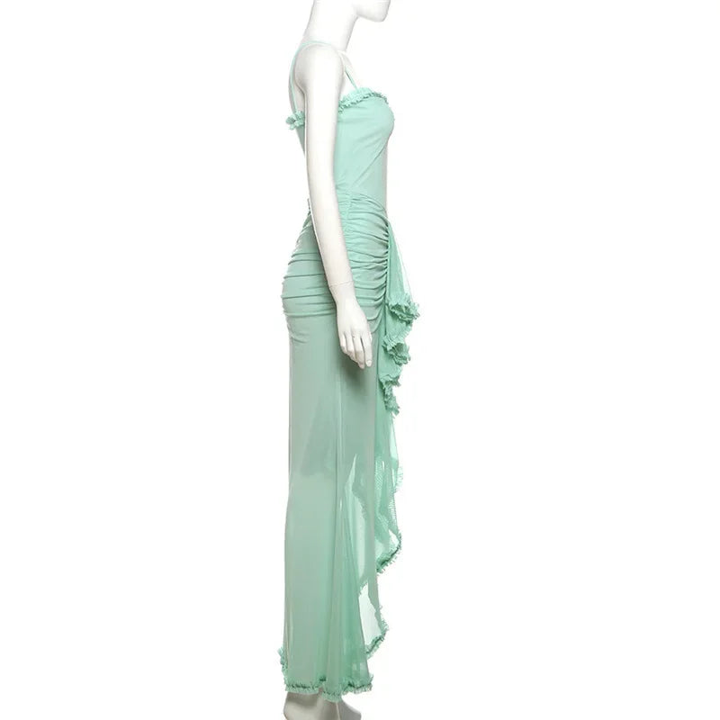 Vestido Longo Elegante, com alças Finas, Barra de Renda, Decote em V