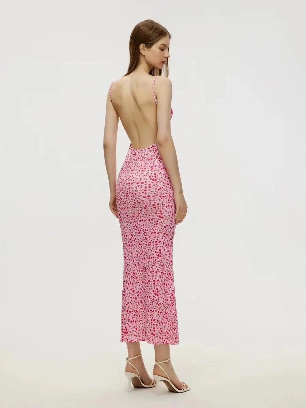 Vestido Longo Floral com Alças Finas, Sem Costas, Estilo Sexy