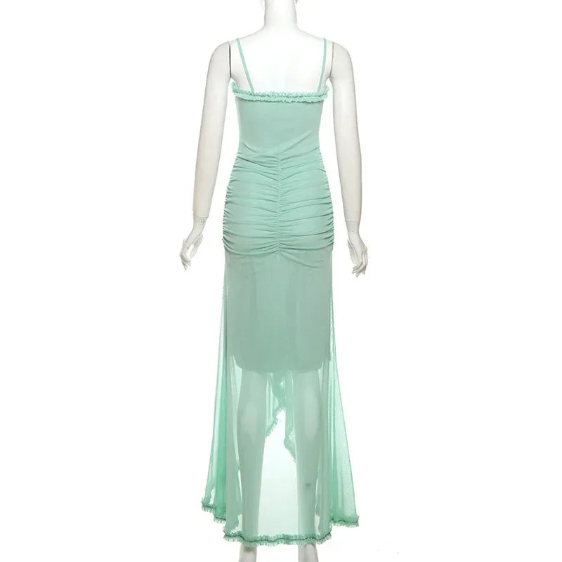 Vestido Longo Elegante, com alças Finas, Barra de Renda, Decote em V