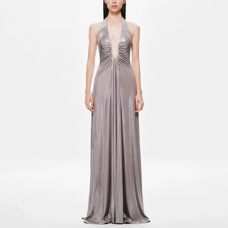Vestido Longo Elegante e Sexy, Decote Profundo em V