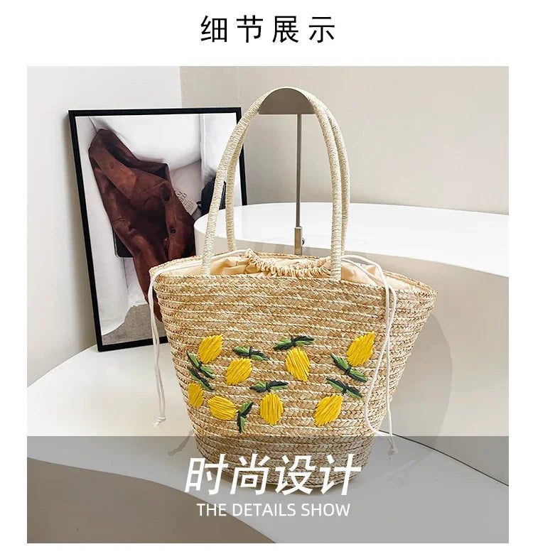 Bolsa de ombro de palha cor sólida com bordado de frutas