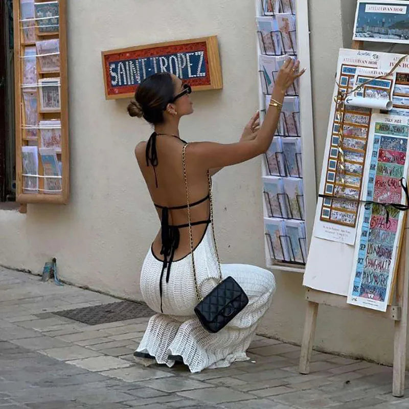 Vestido Longo, Estilo Praia Sexy, com Decote em V, Sem Mangas, Justo ao Corpo