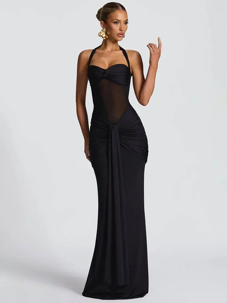 Vestido Sexy, Longo, Estilo Halter, Sem Costas, Justo ao Corpo