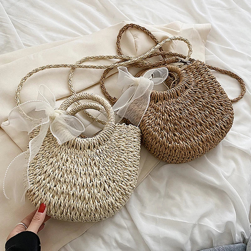 Bolsas de Palha Femininos Verão Feito à Mão Bolsa de Vime