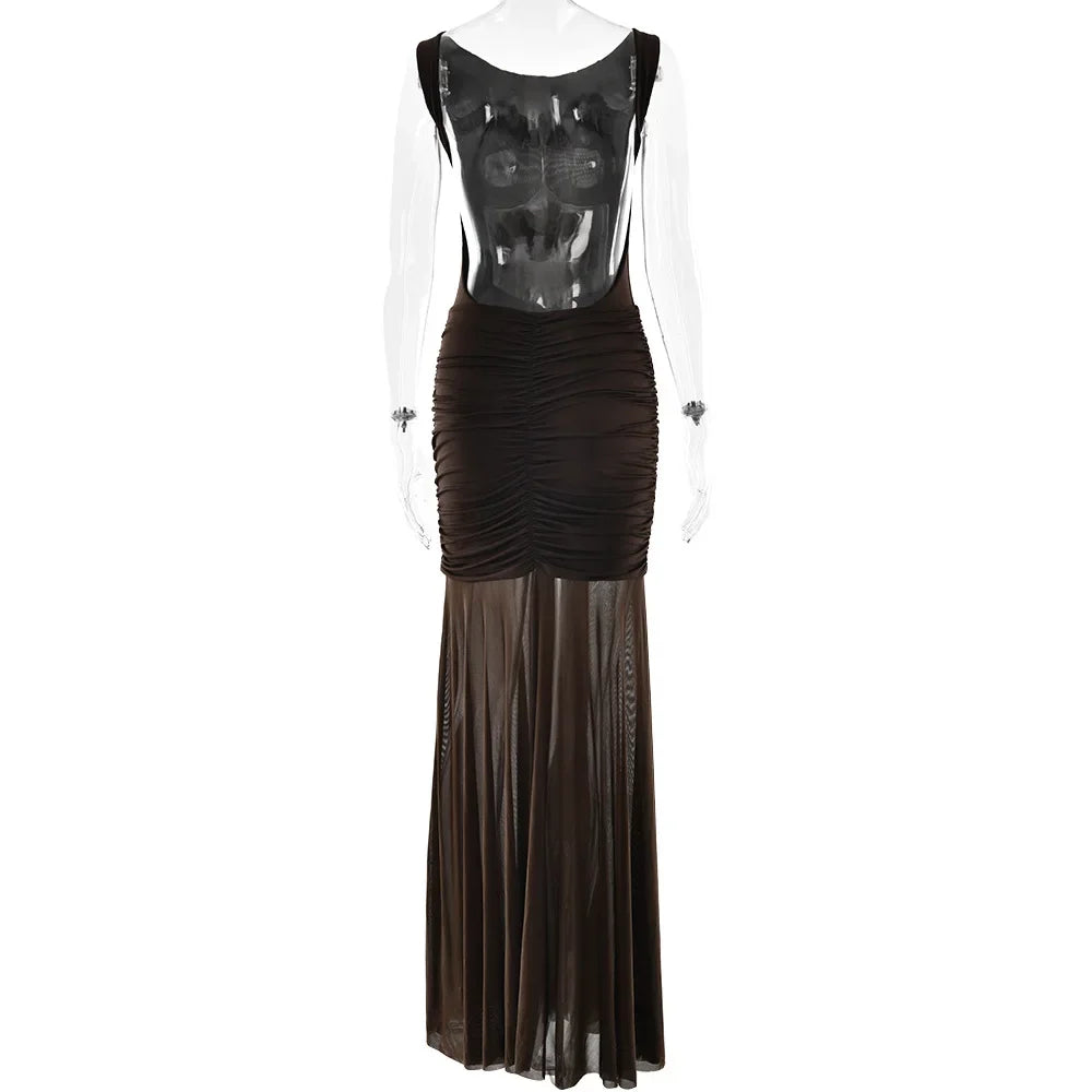 Vestido Longo (Maxi), Sem Costas, com Flores Metálicas e Franzidos (Ruched), Elegante