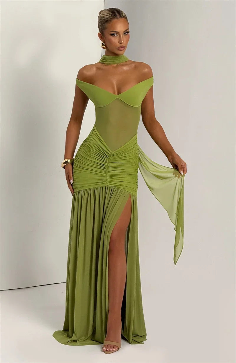 Vestido Longo Sexy e Elegante, com Ombros Descobertos, Sem Costas, com Alças ao Pescoço