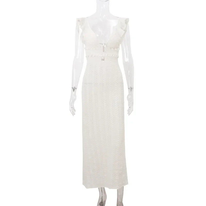 Vestido Longo Sexy , Decote Profundo em V, Sem Mangas, Transparente, Cintura Alta