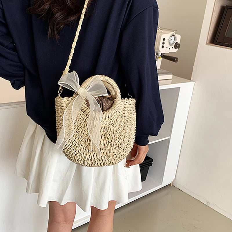 Bolsas de Palha Femininos Verão Feito à Mão Bolsa de Vime