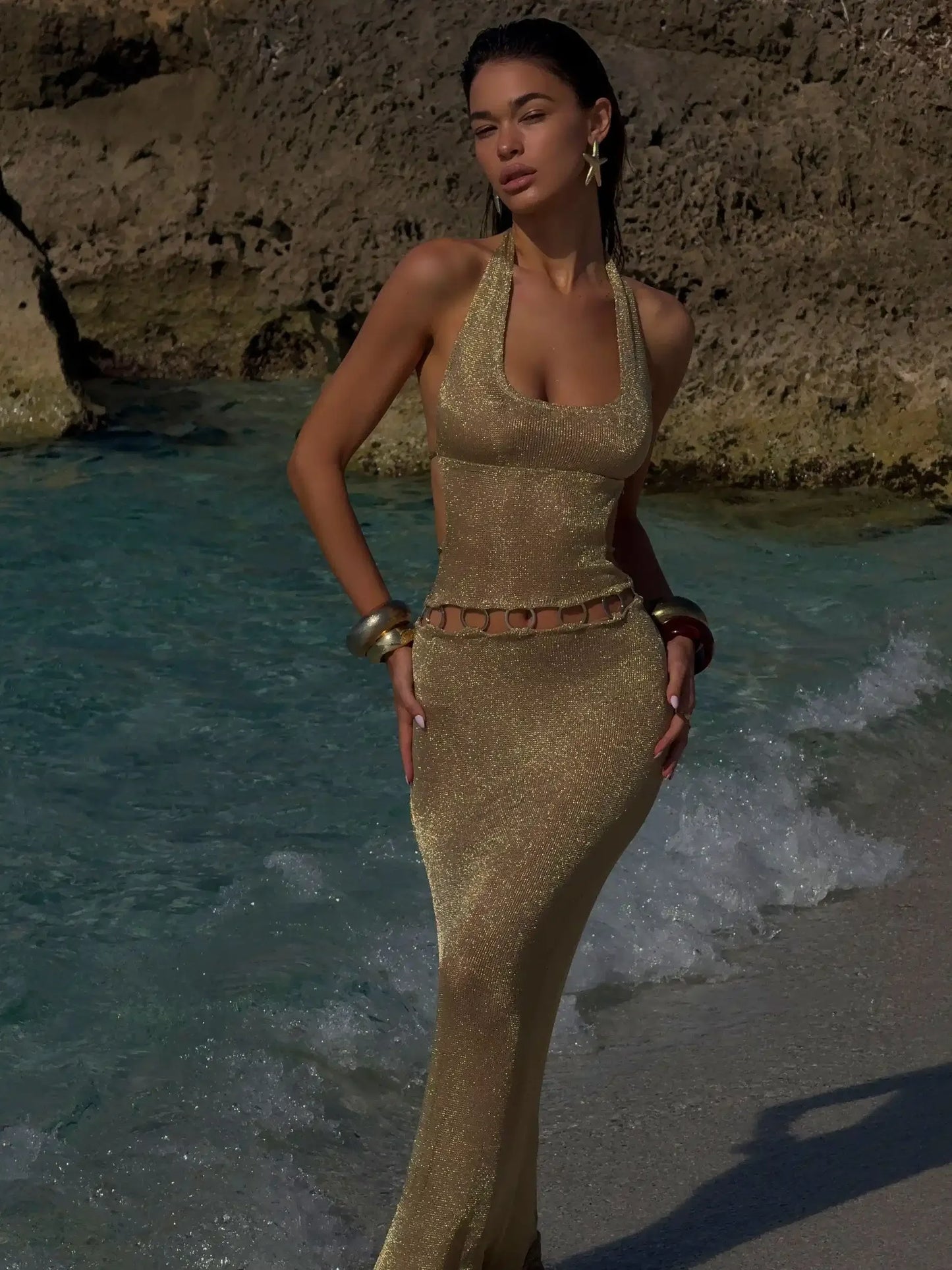 Vestido Longo Justo, Sem Mangas, Decote em U, Com Laços, Fashion, Estilo Praia