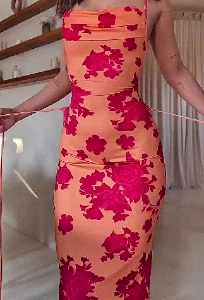 Vestidos Sexy para Verão , Sem Costas, com Laços (Lace-Up) e Estampa Florida