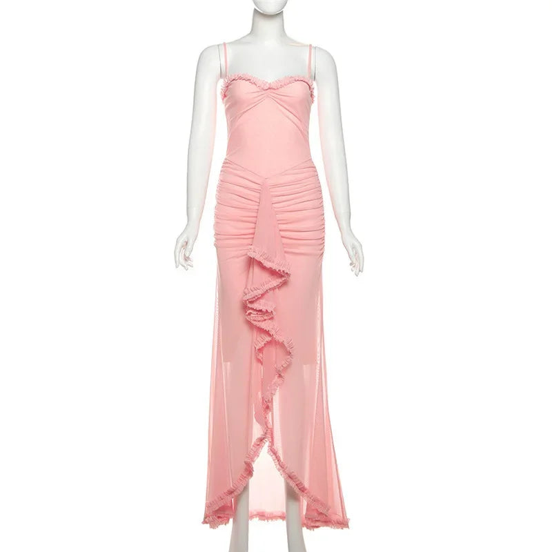 Vestido Longo Elegante, com alças Finas, Barra de Renda, Decote em V