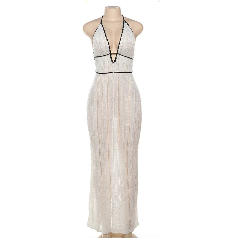 Vestido Longo, Estilo Praia Sexy, com Decote em V, Sem Mangas, Justo ao Corpo
