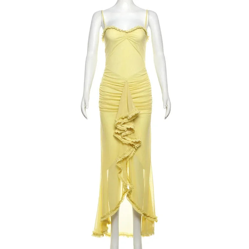 Vestido Longo Elegante, com alças Finas, Barra de Renda, Decote em V