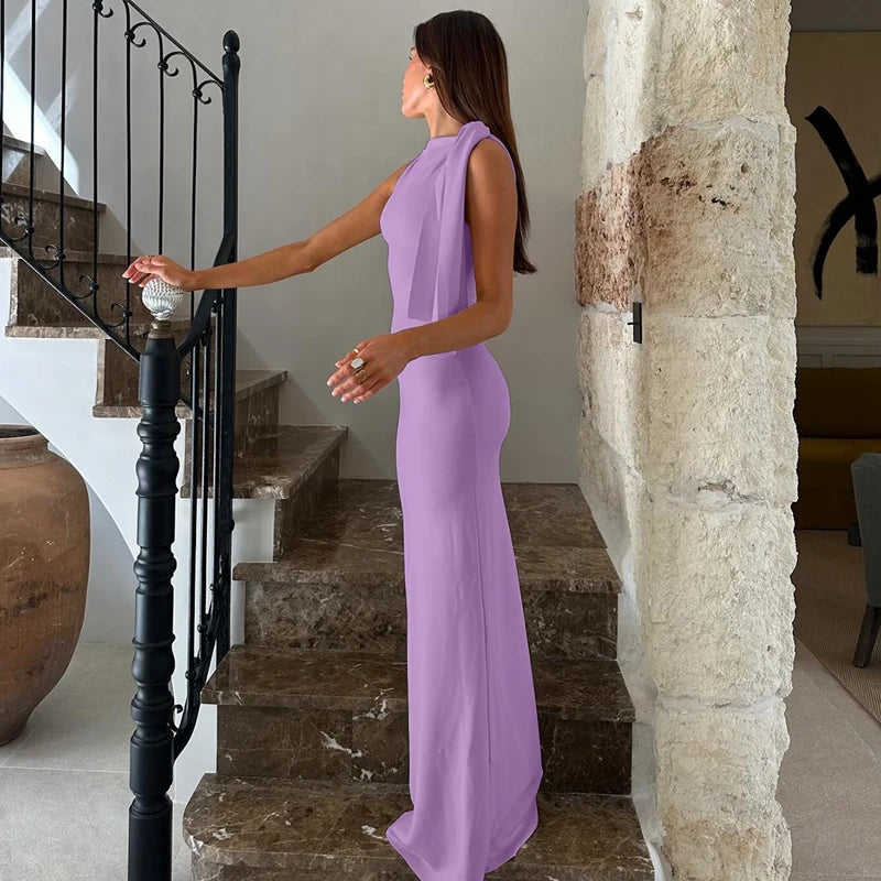 Vestido Longo e Justo, com Decote Redondo, Sem Mangas, Sexy e Elegante