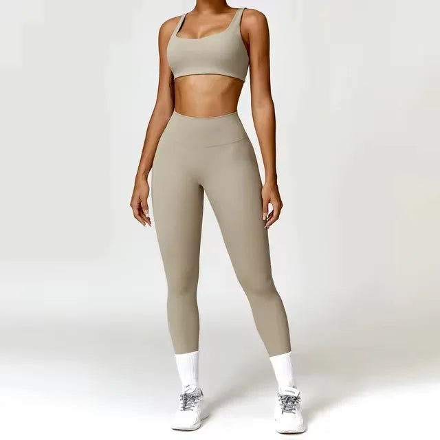 Fato de Treino 2 Peças com Leggings de Ginásio, Top Curto de Manga Comprida