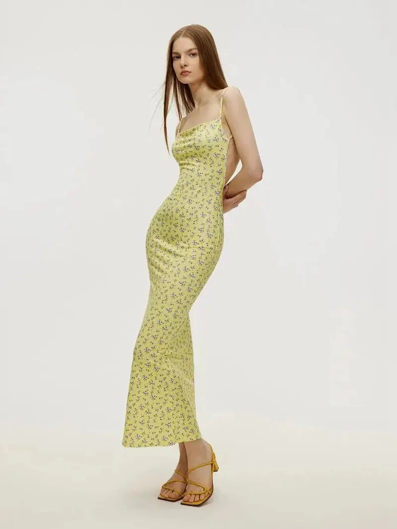 Vestido Longo Floral com Alças Finas, Sem Costas, Estilo Sexy
