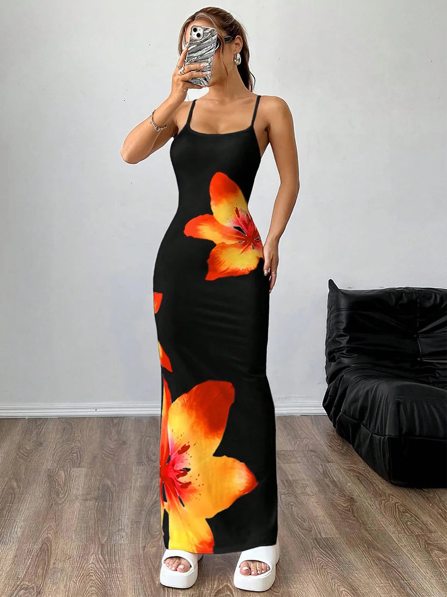 Vestidos compridos sexy com alças e justo Floral