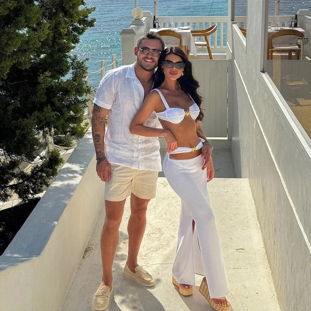 Conjunto de Biquíni 3 Peças: Fato de Banho Elegante com Saia Comprida