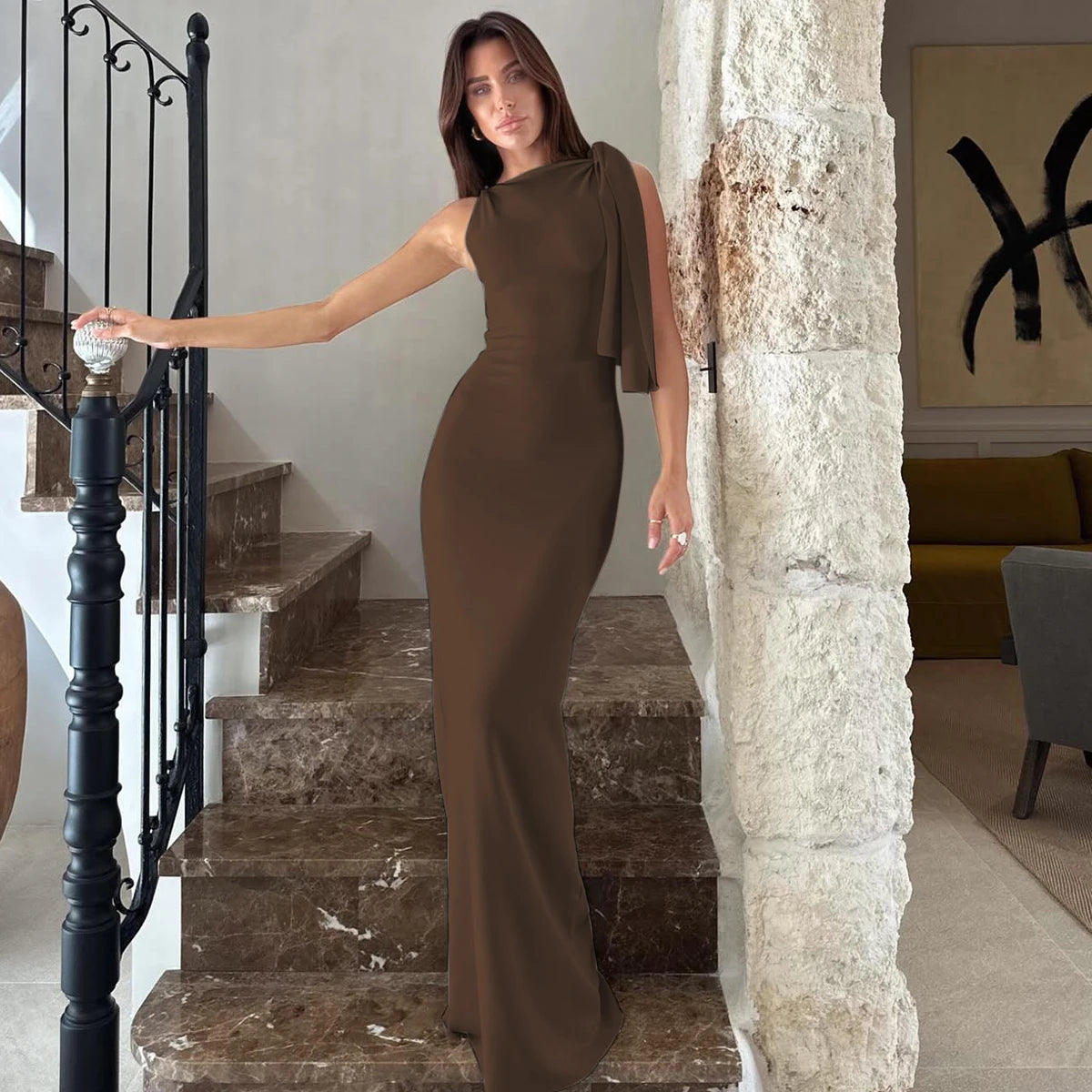 Vestido Longo e Justo, com Decote Redondo, Sem Mangas, Sexy e Elegante
