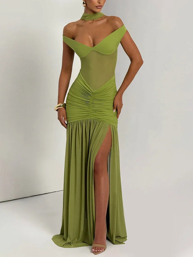 Vestido Longo Sexy e Elegante, com Ombros Descobertos, Sem Costas, com Alças ao Pescoço