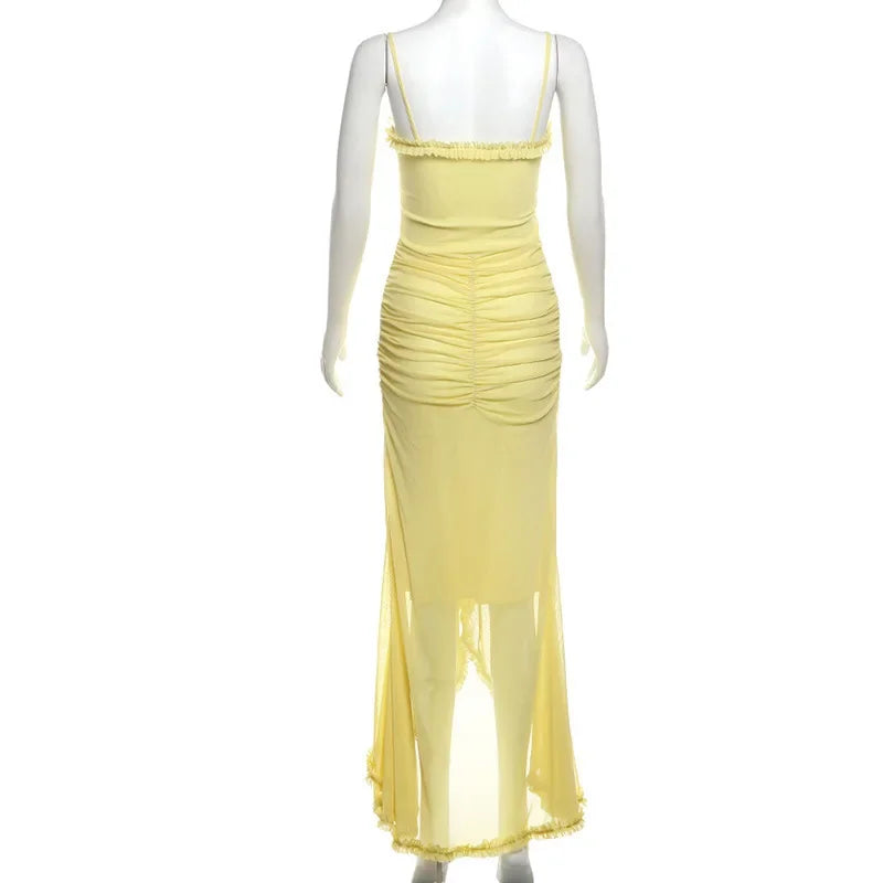 Vestido Longo Elegante, com alças Finas, Barra de Renda, Decote em V