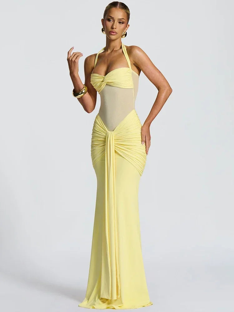 Vestido Sexy, Longo, Estilo Halter, Sem Costas, Justo ao Corpo