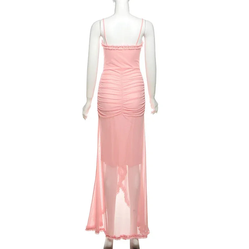 Vestido Longo Elegante, com alças Finas, Barra de Renda, Decote em V