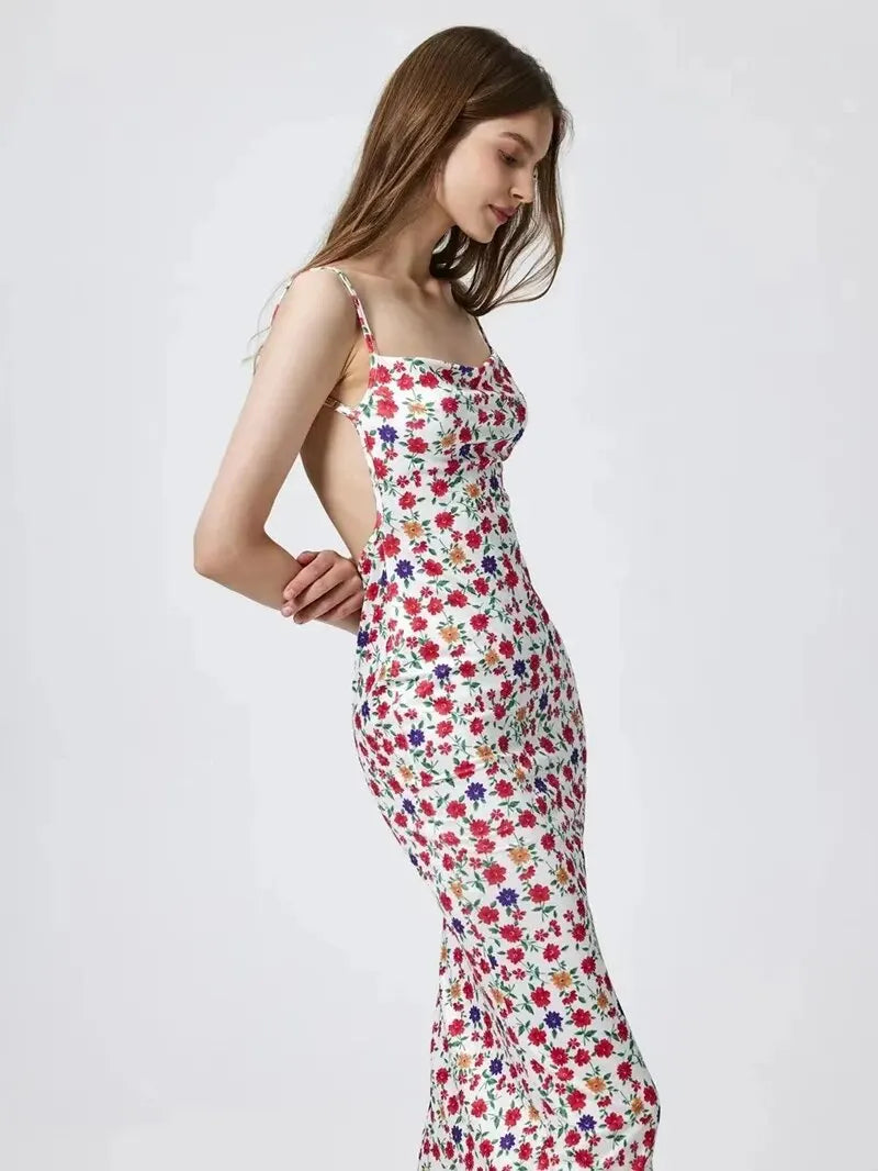 Vestido Longo Floral com Alças Finas, Sem Costas, Estilo Sexy
