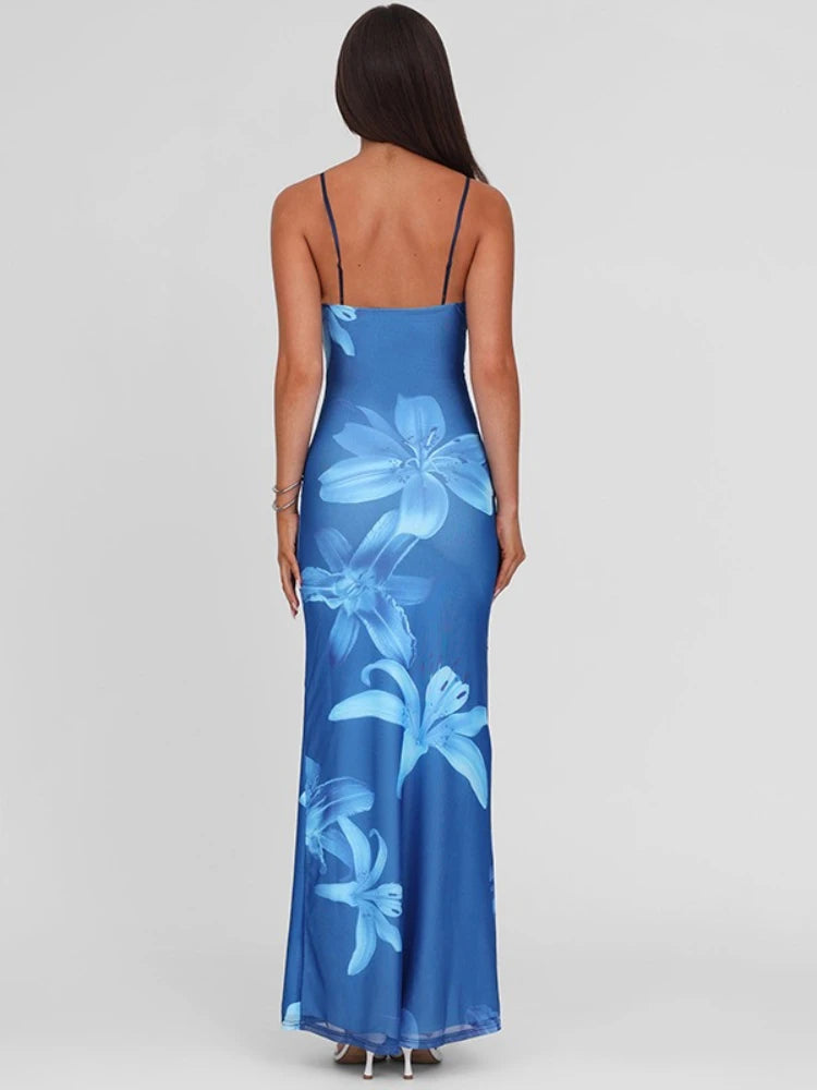 Vestido Longo, Justo ao Corpo, Elegante, Estampa Floral, Sem Mangas, Decote em V, Sem Costas