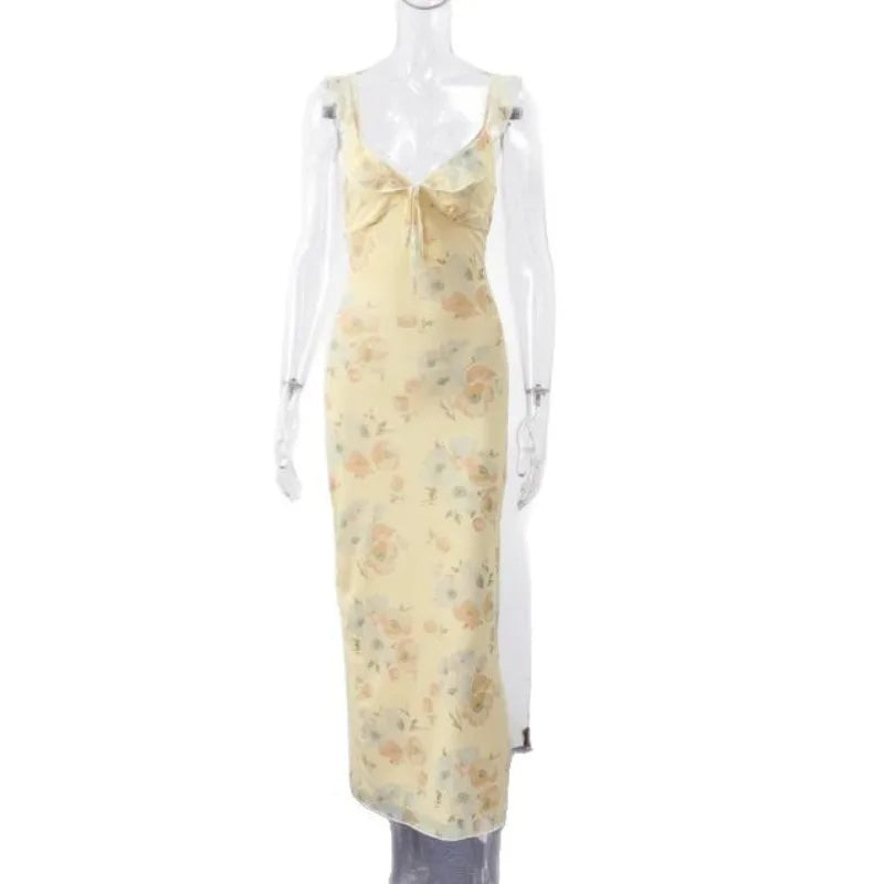 Vestido com Estampa Floral, Elegante, Decote Profundo em V, Sem Mangas, Sem Costas, Justo