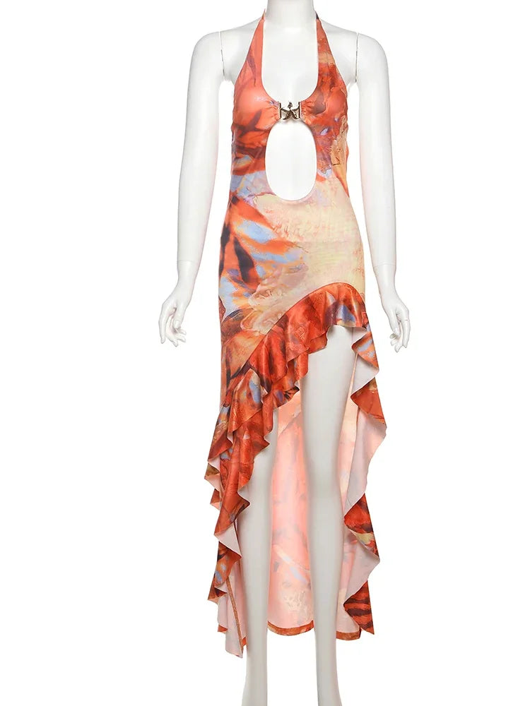 Vestido com Decoração Metálica, Estilo Praia, Sem Costas e Vazado, Abertura Lateral Alta, Babados, Sexy e Elegante