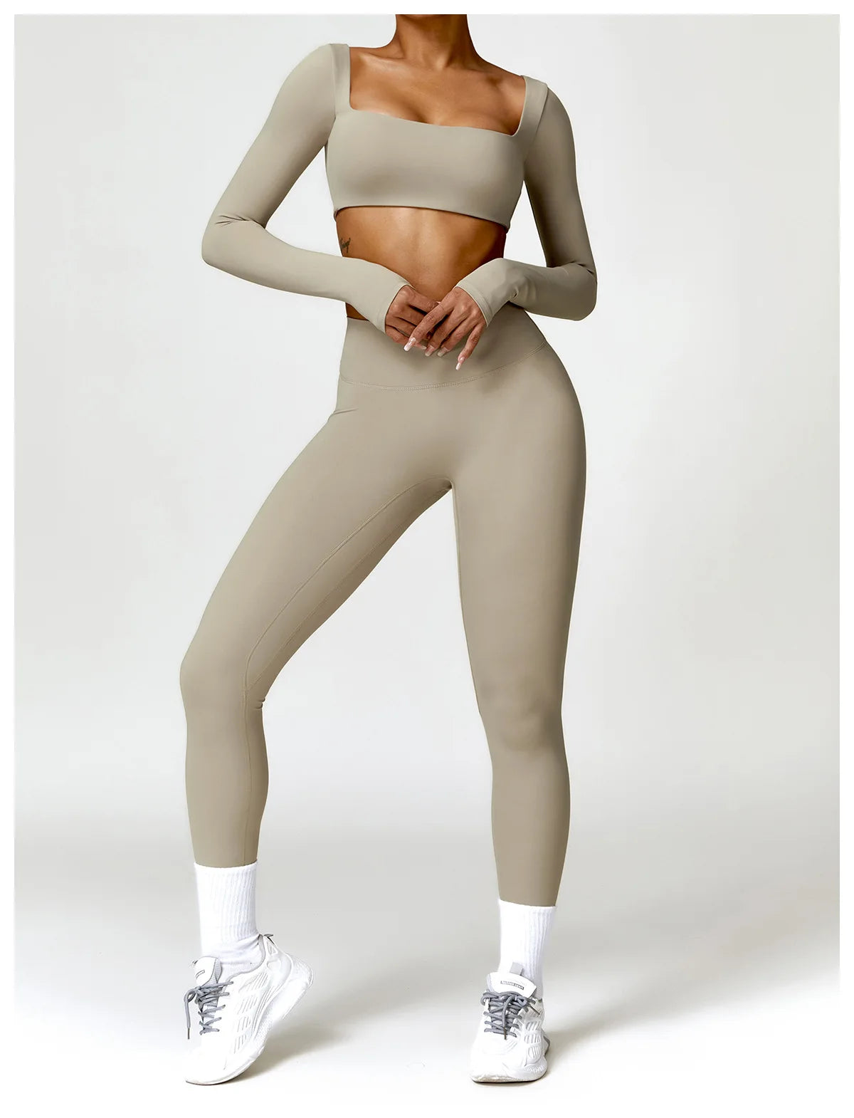 Fato de Treino 2 Peças com Leggings de Ginásio, Top Curto de Manga Comprida